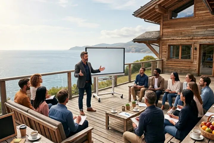 Un formateur s'adresse à un groupe assis sur une terrasse en plein air face à la mer