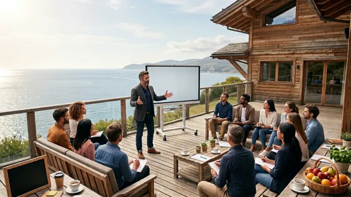 Un formateur s'adresse à un groupe assis sur une terrasse en plein air face à la mer