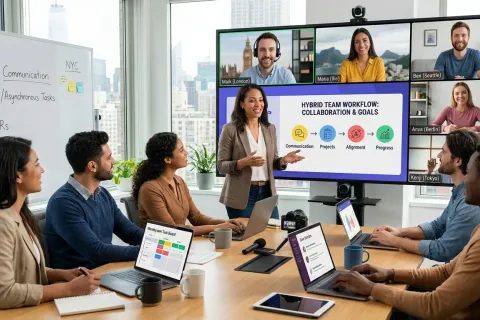 Une manager présente l'organisation d'une équipe hybride sur un grand écran, avec des collègues à distance en visioconférence et l'équipe autour de la table devant ses ordinateurs