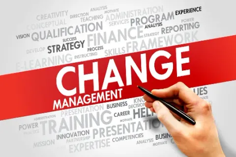 Les mots « Change Management » sur un bandeau rouge, entourés d'un nuage de mots sur la formation et l'entreprise, et une main tenant un stylo