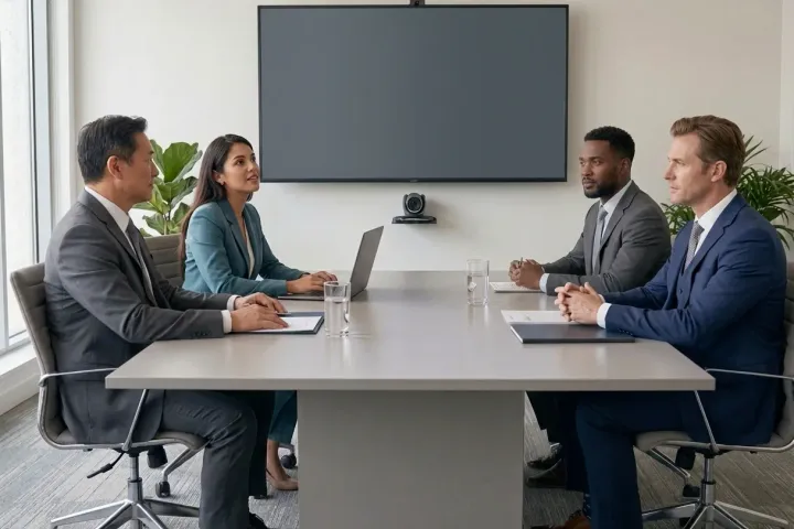 Quatre cadres en réunion autour d'une table claire, écran de visioconférence au mur
