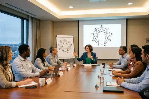 Une formatrice explique le schéma de l'Ennéagramme, affiché à l'écran et sur un tableau de conférence, à des managers assis autour d'une table de réunion