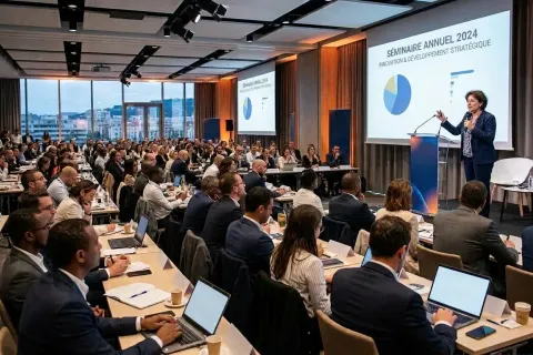 Une intervenante sur scène s'adresse à un large public de séminaire installé à des rangées de tables avec ordinateurs