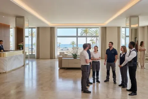 Le personnel d'un hôtel, en tenue, se réunit debout pour un point rapide dans un hall lumineux avec vue sur la mer