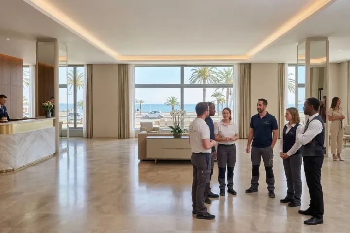 Le personnel d'un hôtel, en tenue, se réunit debout pour un point rapide dans un hall lumineux avec vue sur la mer